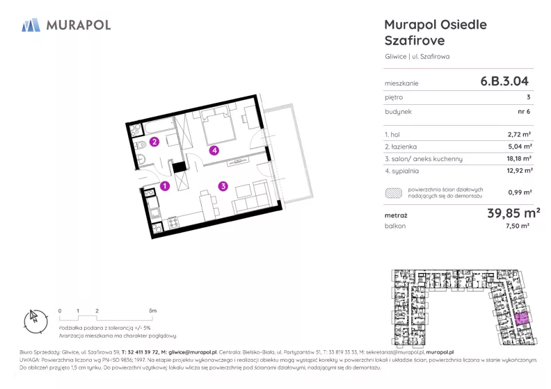 2 pokoje, mieszkanie 39,85 m², piętro 3, oferta nr 6.B.3.04, Murapol Osiedle Szafirove, Gliwice, Stare Gliwice, ul. Szafirowa