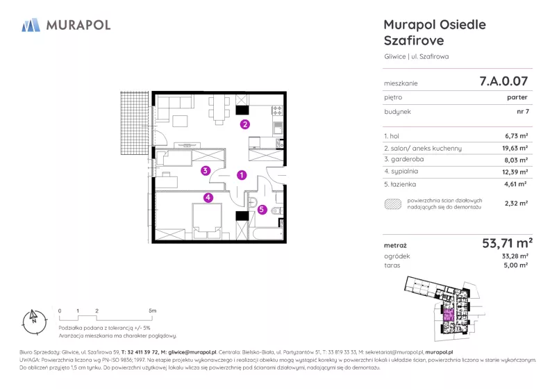 2 pokoje, mieszkanie 53,71 m², parter, oferta nr 7.A.0.07, Murapol Osiedle Szafirove, Gliwice, Stare Gliwice, ul. Szafirowa