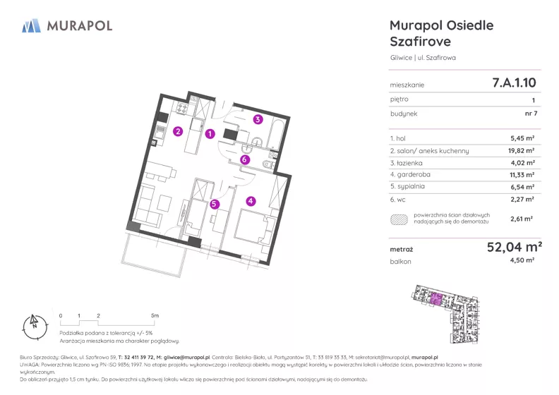 2 pokoje, mieszkanie 52,04 m², piętro 1, oferta nr 7.A.1.10, Murapol Osiedle Szafirove, Gliwice, Stare Gliwice, ul. Szafirowa