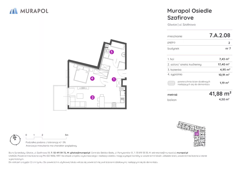 2 pokoje, mieszkanie 41,88 m², piętro 2, oferta nr 7.A.2.08, Murapol Osiedle Szafirove, Gliwice, Stare Gliwice, ul. Szafirowa