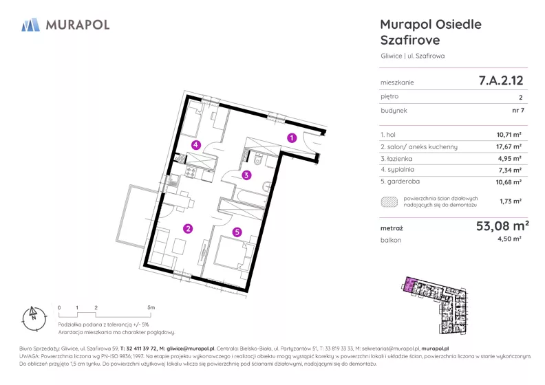 2 pokoje, mieszkanie 53,08 m², piętro 2, oferta nr 7.A.2.12, Murapol Osiedle Szafirove, Gliwice, Stare Gliwice, ul. Szafirowa