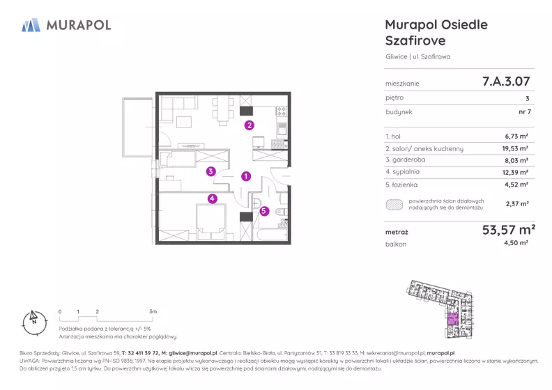 2 pokoje, mieszkanie 53,57 m², piętro 3, oferta nr 7.A.3.07, Murapol Osiedle Szafirove, Gliwice, Stare Gliwice, ul. Szafirowa