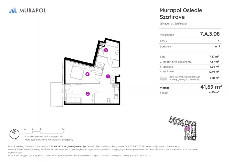 2 pokoje, mieszkanie 41,69 m², piętro 3, oferta nr 7.A.3.08, Murapol Osiedle Szafirove, Gliwice, Stare Gliwice, ul. Szafirowa