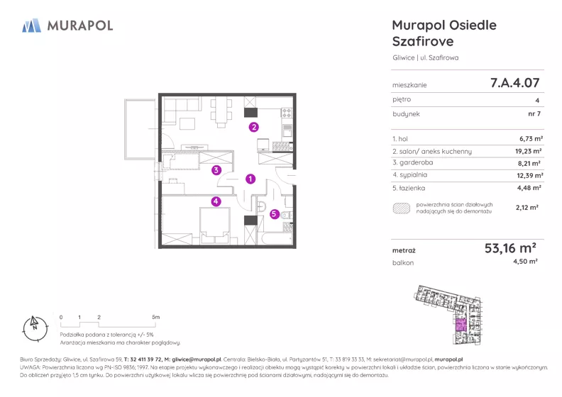 2 pokoje, mieszkanie 53,16 m², piętro 4, oferta nr 7.A.4.07, Murapol Osiedle Szafirove, Gliwice, Stare Gliwice, ul. Szafirowa