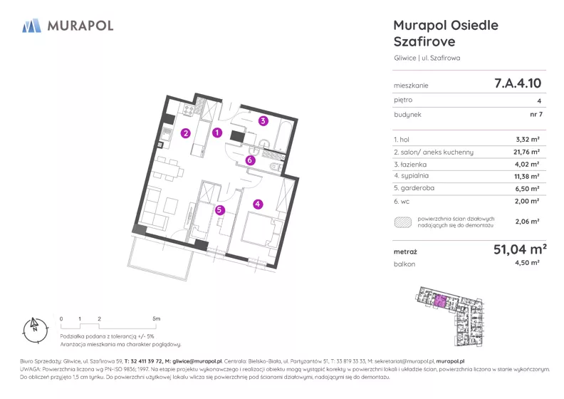 2 pokoje, mieszkanie 51,04 m², piętro 4, oferta nr 7.A.4.10, Murapol Osiedle Szafirove, Gliwice, Stare Gliwice, ul. Szafirowa