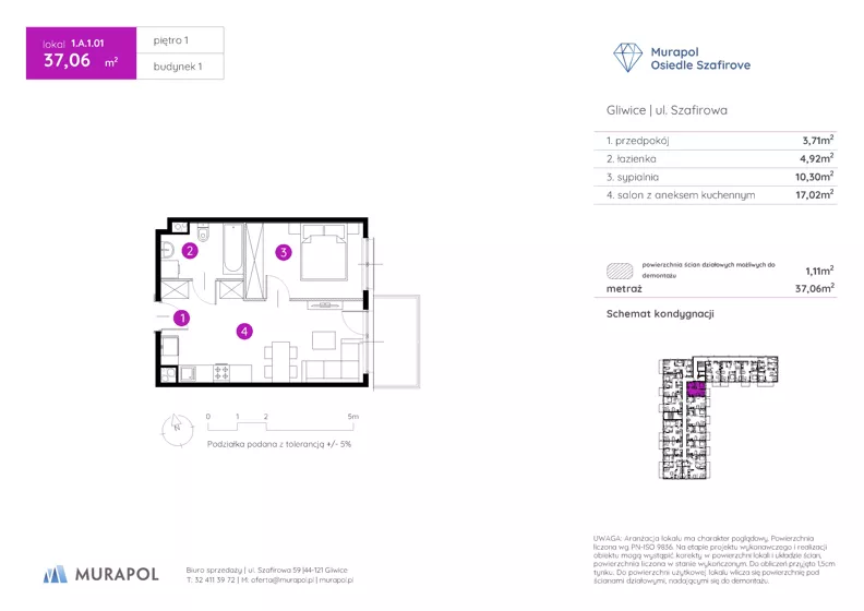 2 pokoje, mieszkanie 37,06 m², piętro 1, oferta nr 1.A.1.01, Murapol Osiedle Szafirove, Gliwice, Stare Gliwice, ul. Szafirowa