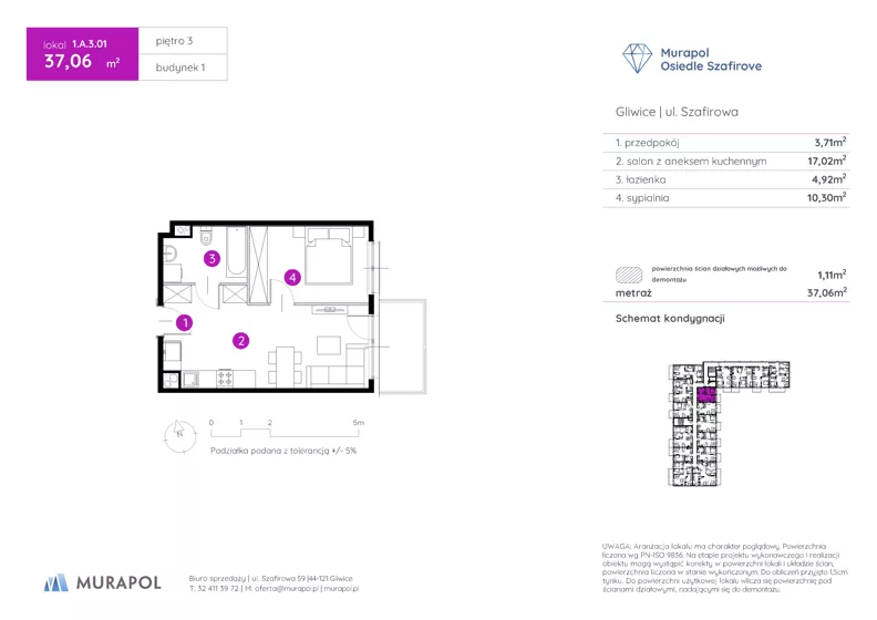 2 pokoje, mieszkanie 37,06 m², piętro 3, oferta nr 1.A.3.01, Murapol Osiedle Szafirove, Gliwice, Stare Gliwice, ul. Szafirowa