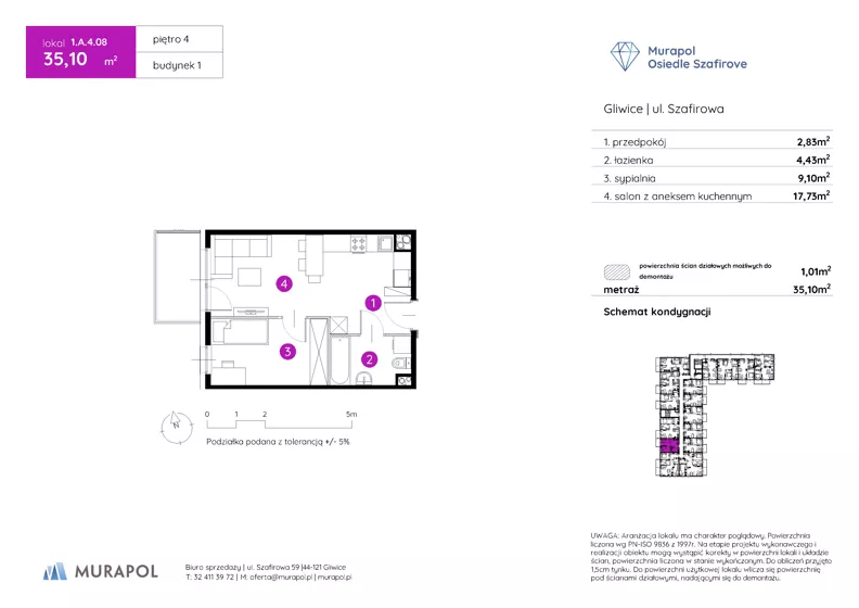 2 pokoje, mieszkanie 35,10 m², piętro 4, oferta nr 1.A.4.08, Murapol Osiedle Szafirove, Gliwice, Stare Gliwice, ul. Szafirowa