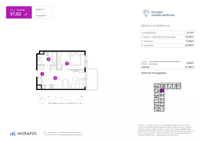 2 pokoje, mieszkanie 37,02 m², piętro 5, oferta nr 1.A.5.01, Murapol Osiedle Szafirove, Gliwice, Stare Gliwice, ul. Szafirowa