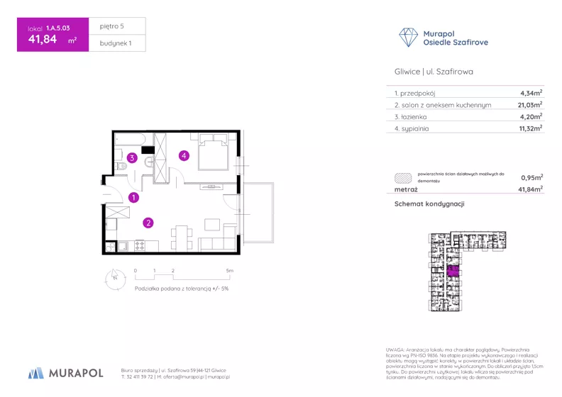 2 pokoje, mieszkanie 41,84 m², piętro 5, oferta nr 1.A.5.03, Murapol Osiedle Szafirove, Gliwice, Stare Gliwice, ul. Szafirowa