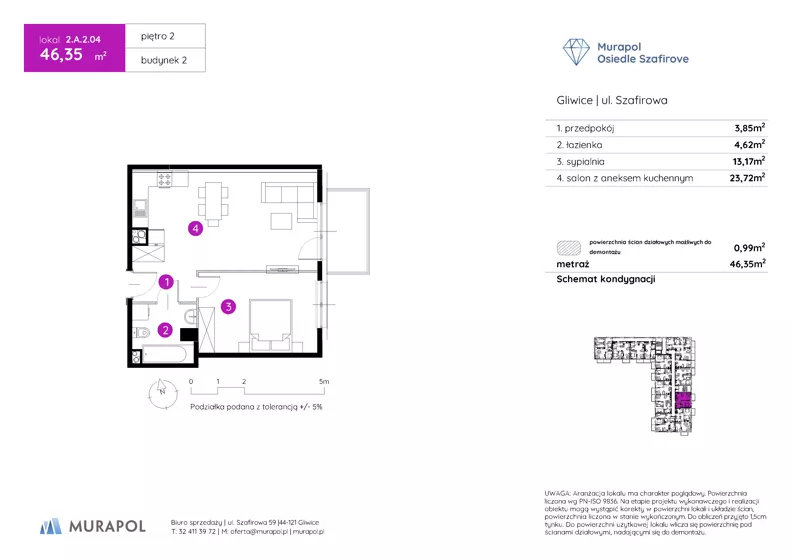 2 pokoje, mieszkanie 46,35 m², piętro 2, oferta nr 2.A.2.04, Murapol Osiedle Szafirove, Gliwice, Stare Gliwice, ul. Szafirowa