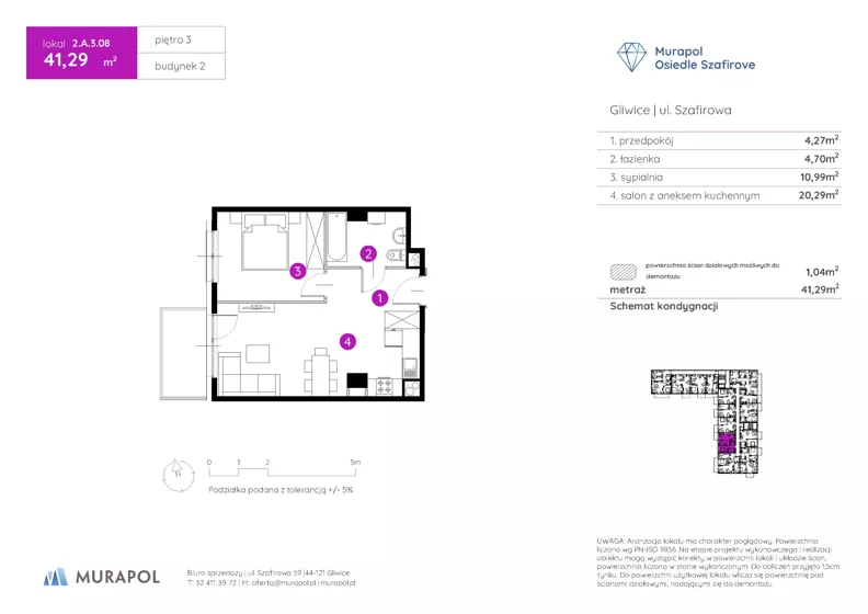 2 pokoje, mieszkanie 41,29 m², piętro 3, oferta nr 2.A.3.08, Murapol Osiedle Szafirove, Gliwice, Stare Gliwice, ul. Szafirowa