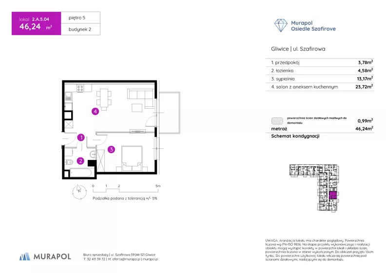2 pokoje, mieszkanie 46,24 m², piętro 5, oferta nr 2.A.5.04, Murapol Osiedle Szafirove, Gliwice, Stare Gliwice, ul. Szafirowa