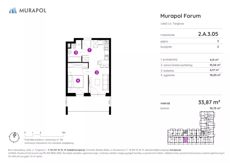 2 pokoje, mieszkanie 33,87 m², piętro 3, oferta nr 2.A.3.05, Murapol Forum, Łódź, Śródmieście, ul. Targowa