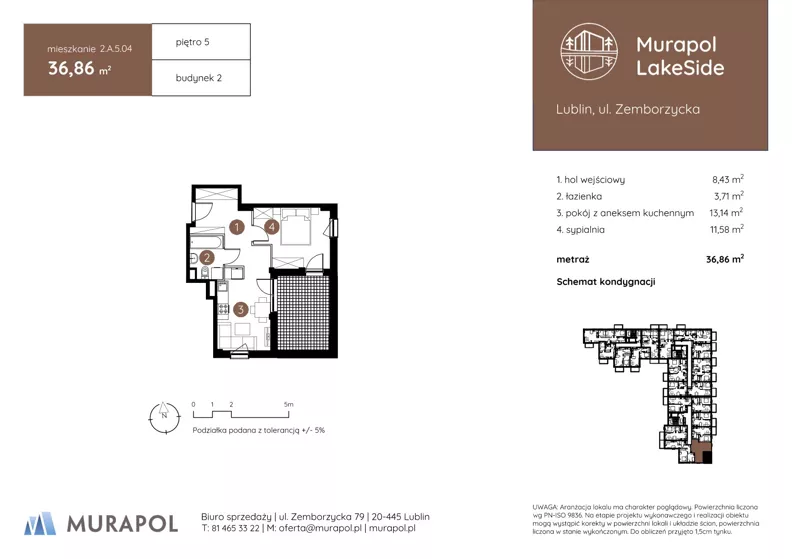 2 pokoje, mieszkanie 36,86 m², piętro 5, oferta nr 2.A.5.04, Murapol LakeSide, Lublin, Wrotków, ul. Zemborzycka