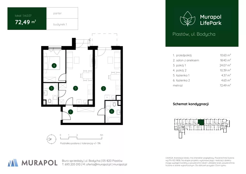 3 pokoje, mieszkanie 72,49 m², parter, oferta nr 1.A.0.07, Murapol LifePark, Piastów, ul. Bodycha 