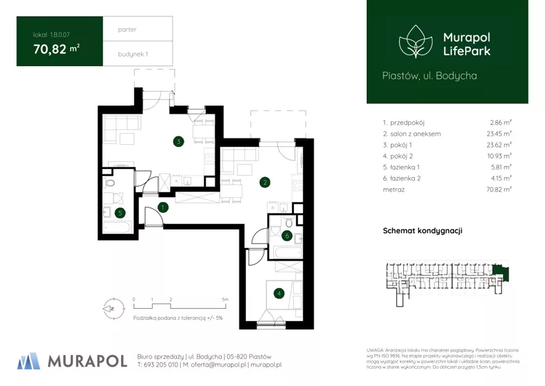 3 pokoje, mieszkanie 70,82 m², parter, oferta nr 1.B.0.07, Murapol LifePark, Piastów, ul. Bodycha 
