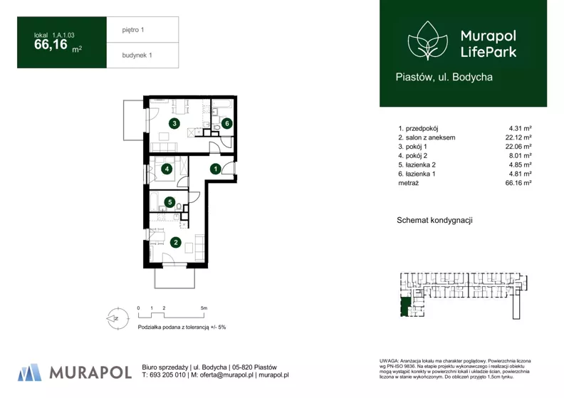 3 pokoje, mieszkanie 66,16 m², piętro 1, oferta nr 1.A.1.03, Murapol LifePark, Piastów, ul. Bodycha 