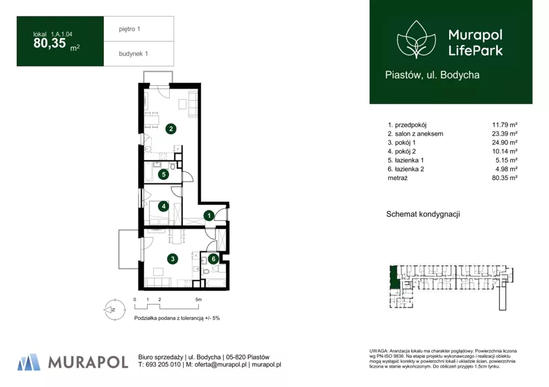 3 pokoje, mieszkanie 80,35 m², piętro 1, oferta nr 1.A.1.04, Murapol LifePark, Piastów, ul. Bodycha 
