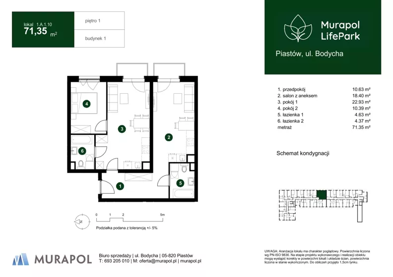 3 pokoje, mieszkanie 71,35 m², piętro 1, oferta nr 1.A.1.10, Murapol LifePark, Piastów, ul. Bodycha 