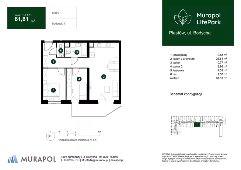 3 pokoje, mieszkanie 61,81 m², piętro 1, oferta nr 1.A.1.11, Murapol LifePark, Piastów, ul. Bodycha 