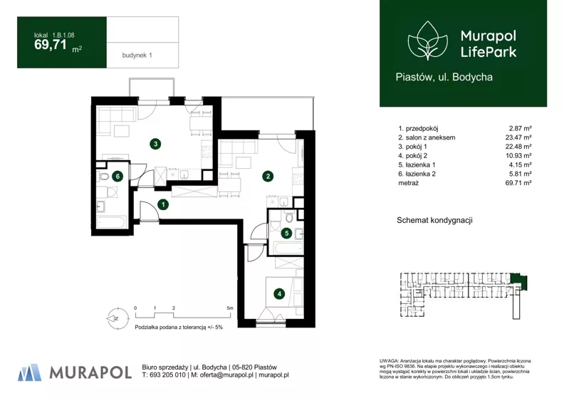 3 pokoje, mieszkanie 69,71 m², piętro 1, oferta nr 1.B.1.08, Murapol LifePark, Piastów, ul. Bodycha 