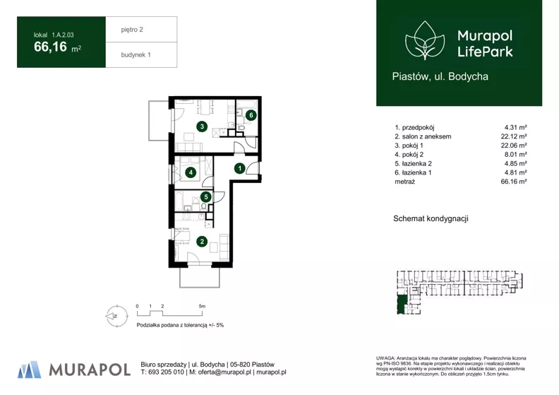 3 pokoje, mieszkanie 66,16 m², piętro 2, oferta nr 1.A.2.03, Murapol LifePark, Piastów, ul. Bodycha 