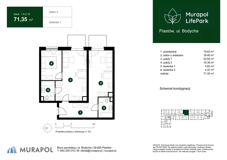 3 pokoje, mieszkanie 71,35 m², piętro 2, oferta nr 1.A.2.10, Murapol LifePark, Piastów, ul. Bodycha 