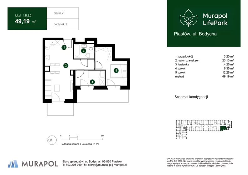 3 pokoje, mieszkanie 49,19 m², piętro 2, oferta nr 1.B.2.01, Murapol LifePark, Piastów, ul. Bodycha 