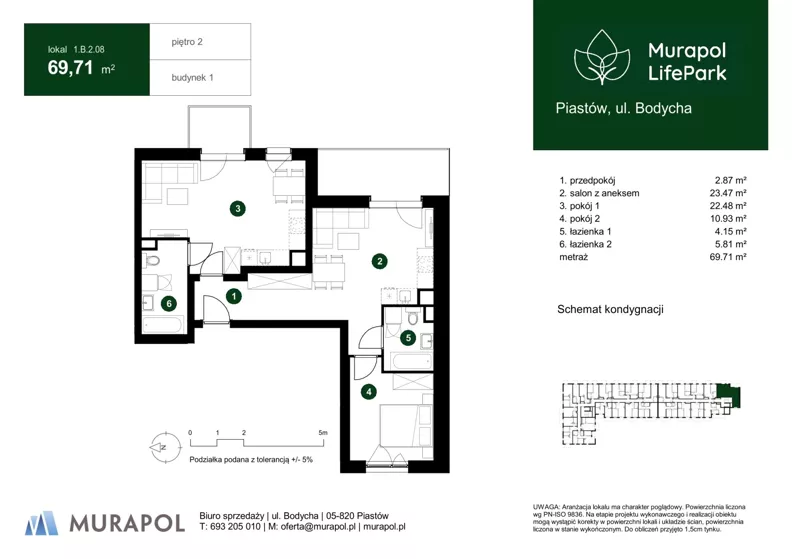 3 pokoje, mieszkanie 69,71 m², piętro 2, oferta nr 1.B.2.08, Murapol LifePark, Piastów, ul. Bodycha 
