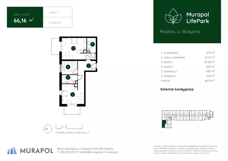 3 pokoje, mieszkanie 66,16 m², piętro 3, oferta nr 1.A.3.03, Murapol LifePark, Piastów, ul. Bodycha 