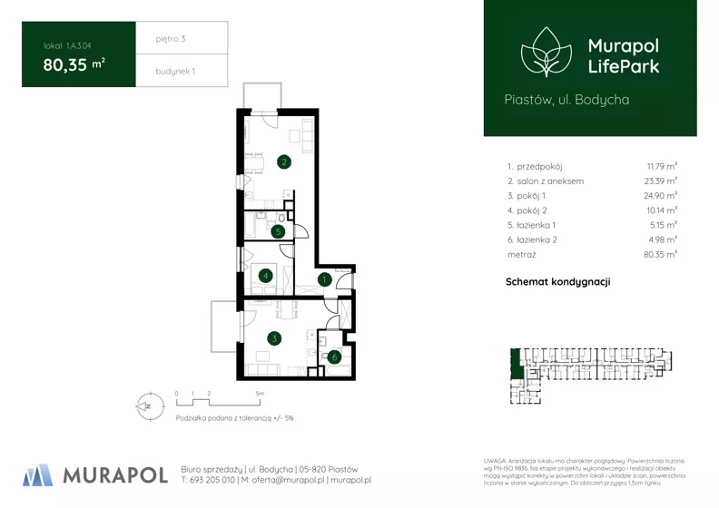 3 pokoje, mieszkanie 80,35 m², piętro 3, oferta nr 1.A.3.04, Murapol LifePark, Piastów, ul. Bodycha 