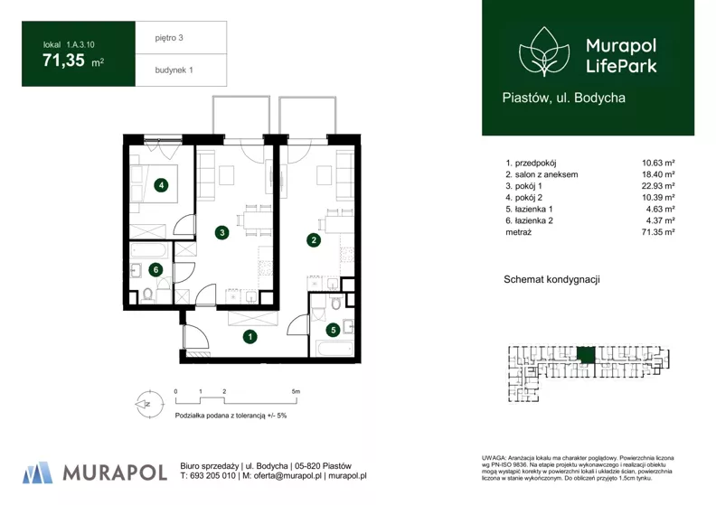 3 pokoje, mieszkanie 71,35 m², piętro 3, oferta nr 1.A.3.10, Murapol LifePark, Piastów, ul. Bodycha 