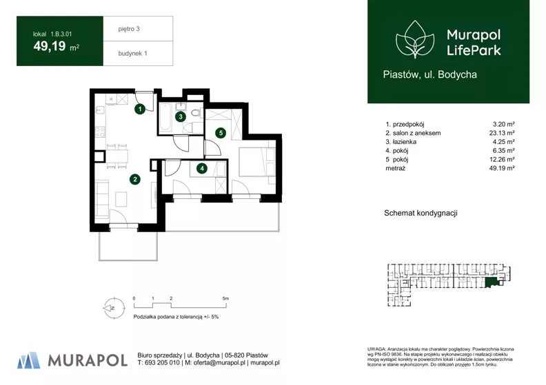 3 pokoje, mieszkanie 49,19 m², piętro 3, oferta nr 1.B.3.01, Murapol LifePark, Piastów, ul. Bodycha 