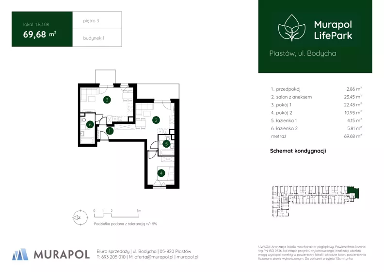 3 pokoje, mieszkanie 69,68 m², piętro 3, oferta nr 1.B.3.08, Murapol LifePark, Piastów, ul. Bodycha 