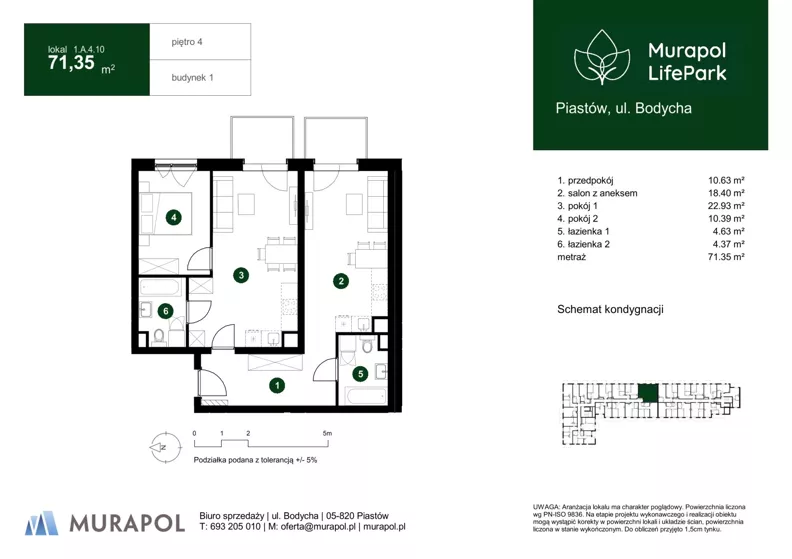 3 pokoje, mieszkanie 71,35 m², piętro 4, oferta nr 1.A.4.10, Murapol LifePark, Piastów, ul. Bodycha 