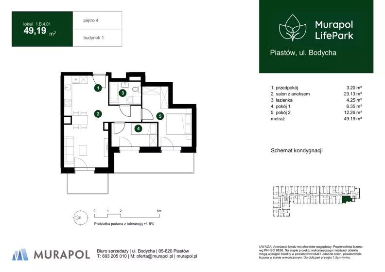 3 pokoje, mieszkanie 49,19 m², piętro 4, oferta nr 1.B.4.01, Murapol LifePark, Piastów, ul. Bodycha 
