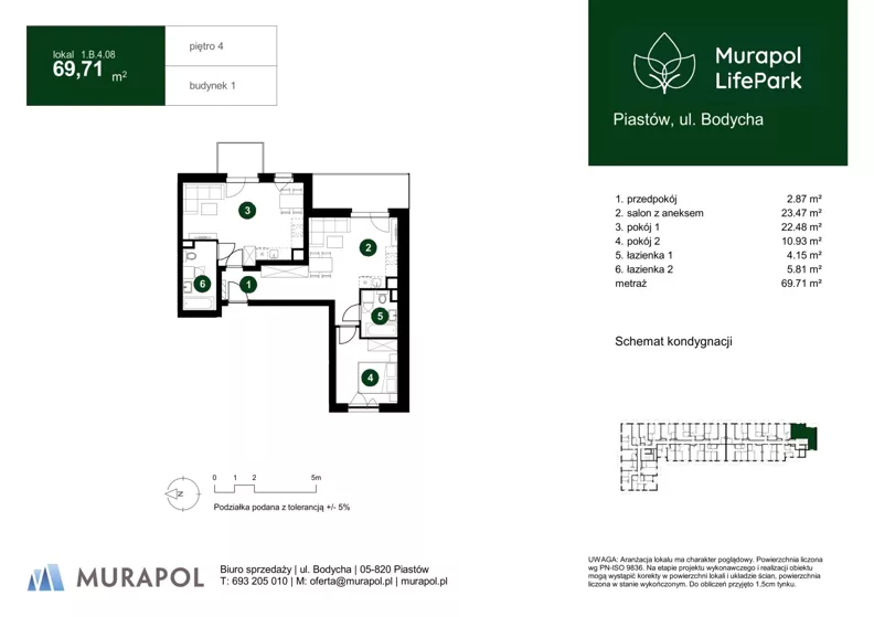 3 pokoje, mieszkanie 69,71 m², piętro 4, oferta nr 1.B.4.08, Murapol LifePark, Piastów, ul. Bodycha 