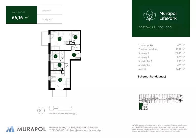 3 pokoje, mieszkanie 66,16 m², piętro 5, oferta nr 1.A.5.03, Murapol LifePark, Piastów, ul. Bodycha 