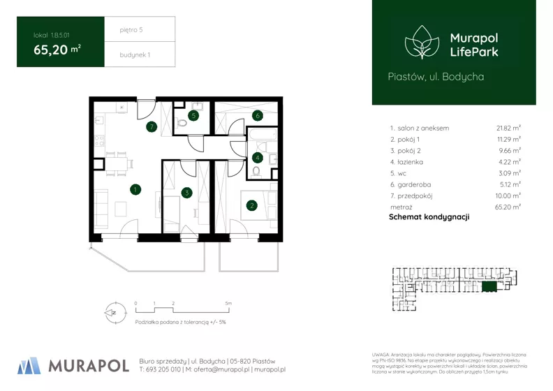 3 pokoje, mieszkanie 65,20 m², piętro 5, oferta nr 1.B.5.01, Murapol LifePark, Piastów, ul. Bodycha 