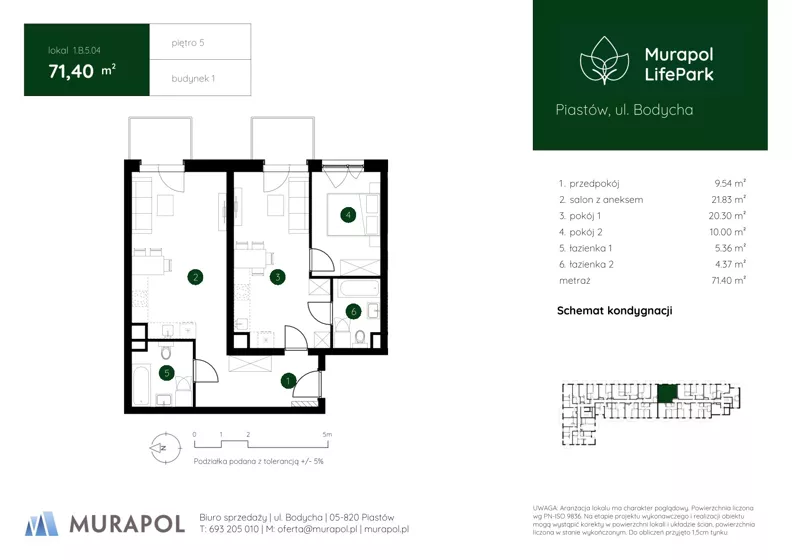 3 pokoje, mieszkanie 71,40 m², piętro 5, oferta nr 1.B.5.04, Murapol LifePark, Piastów, ul. Bodycha 