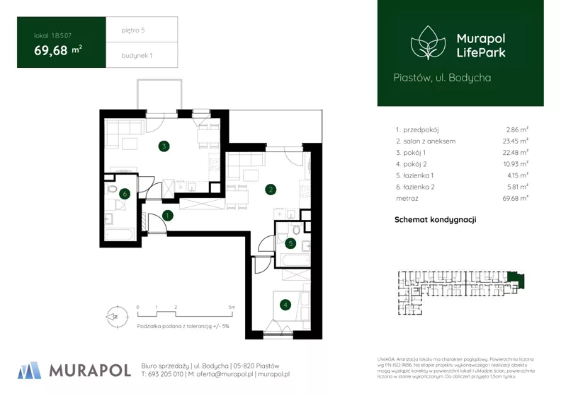 3 pokoje, mieszkanie 69,68 m², piętro 5, oferta nr 1.B.5.07, Murapol LifePark, Piastów, ul. Bodycha 