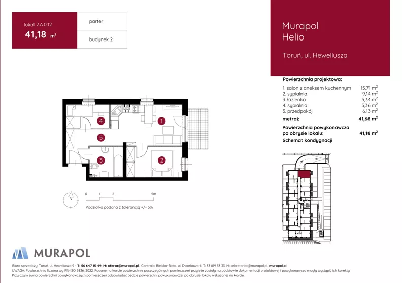 3 pokoje, mieszkanie 41,18 m², parter, oferta nr 2.A.0.12, Murapol Helio, Toruń, Wrzosy, JAR, ul. Heweliusza