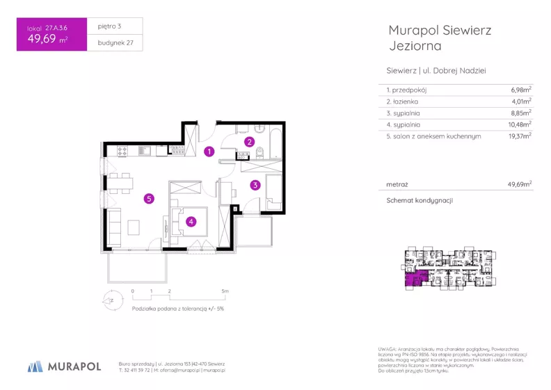 3 pokoje, mieszkanie 49,69 m², piętro 3, oferta nr 27.A.3.6, Murapol Siewierz Jeziorna, Siewierz, ul. Jeziorna