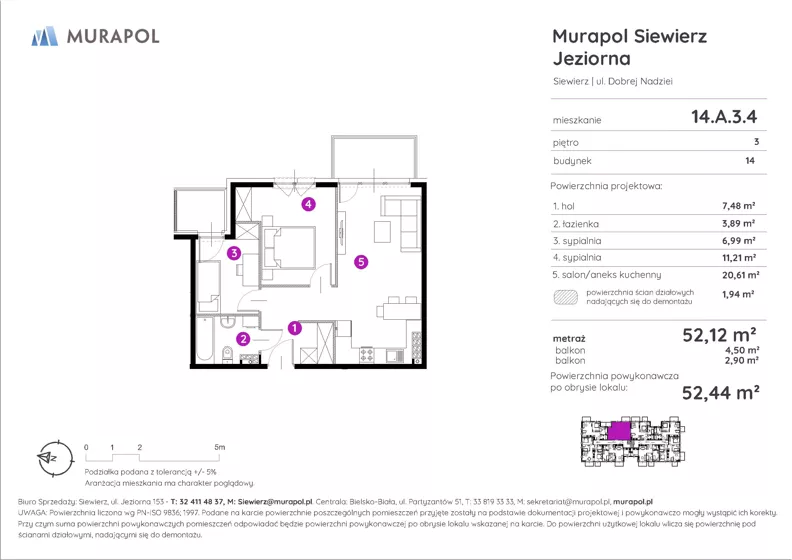3 pokoje, mieszkanie 52,44 m², piętro 3, oferta nr 14.A.3.4, Murapol Siewierz Jeziorna, Siewierz, ul. Jeziorna