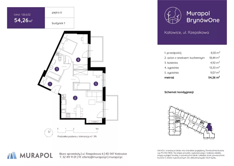 3 pokoje, mieszkanie 54,26 m², piętro 6, oferta nr 1.B.6.02, Murapol BrynówOne, Katowice, Brynów-Osiedle Zgrzebnioka, Brynów, ul. Rzepakowa