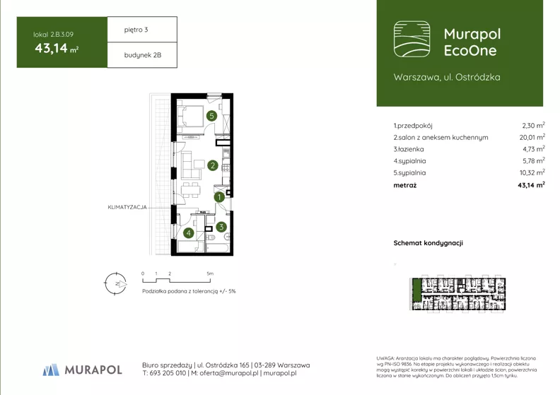 3 pokoje, mieszkanie 43,14 m², piętro 3, oferta nr 2.B.3.09, Murapol EcoOne, Warszawa, Białołęka, Brzeziny, ul. Ostródzka