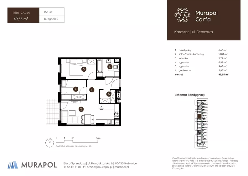 3 pokoje, mieszkanie 49,55 m², parter, oferta nr 2.A.0.09, Murapol Corfa, Katowice, Wełnowiec-Józefowiec, Wełnowiec, ul. Owocowa