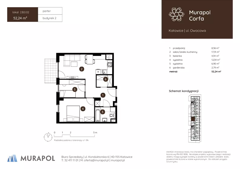 3 pokoje, mieszkanie 52,24 m², parter, oferta nr 2.B.0.02, Murapol Corfa, Katowice, Wełnowiec-Józefowiec, Wełnowiec, ul. Owocowa