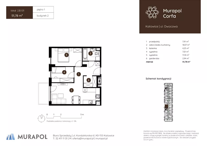 3 pokoje, mieszkanie 51,78 m², piętro 1, oferta nr 2.B.1.01, Murapol Corfa, Katowice, Wełnowiec-Józefowiec, Wełnowiec, ul. Owocowa